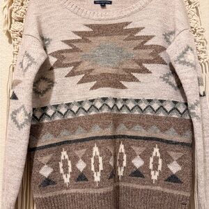 American Eagle Taupe & Brown Wool Sweater – Cozy Patterned Knit Pullover Small